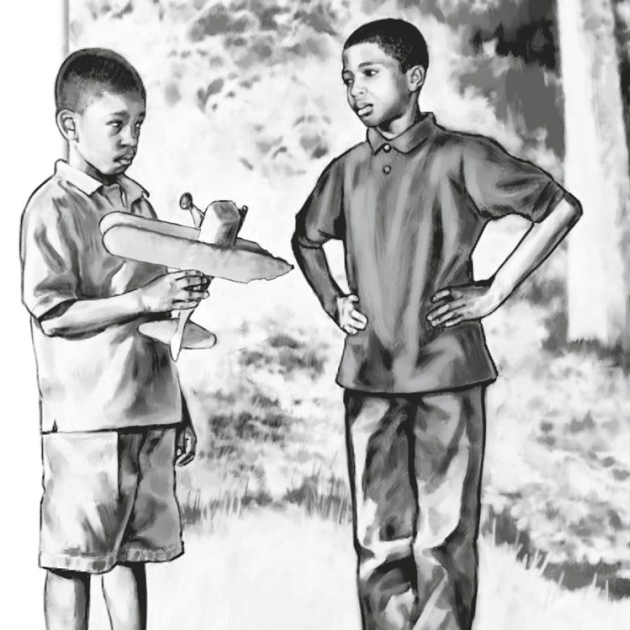 Wanfala boy askem nara boy for forgivim hem bihaen hem brekem toy aeroplane bilong hem