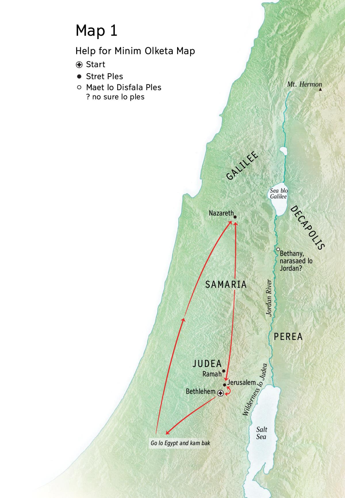 Map blo olketa ples wea storyim laef blo Jesus: Bethlehem, Nazareth, Jerusalem