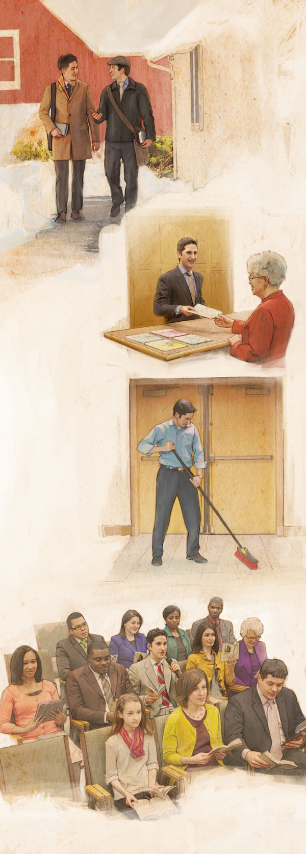 A Christian man: 1. Out in service; 2. At the literature counter; 3. Cleaning the Kingdom Hall; 4. Commenting at a meeting