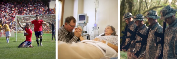 People praying: A soccer player after scoring, a husband with his sick wife in the hospital, soldiers in wartime