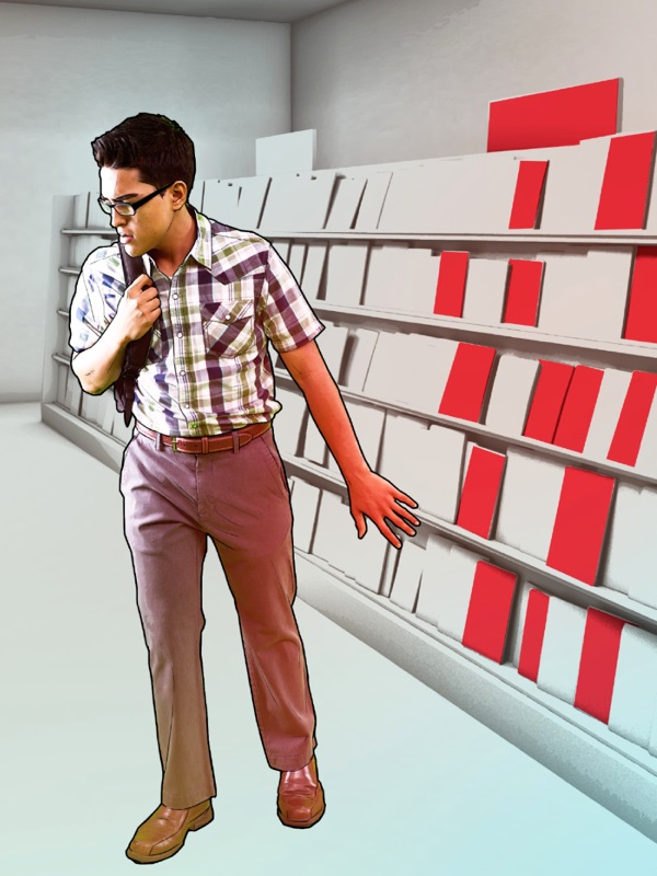 A young man in a media store rejects tempting images
