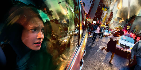 A woman fears the end of everything as people around her try to escape the fire, smoke, and debris of a disaster