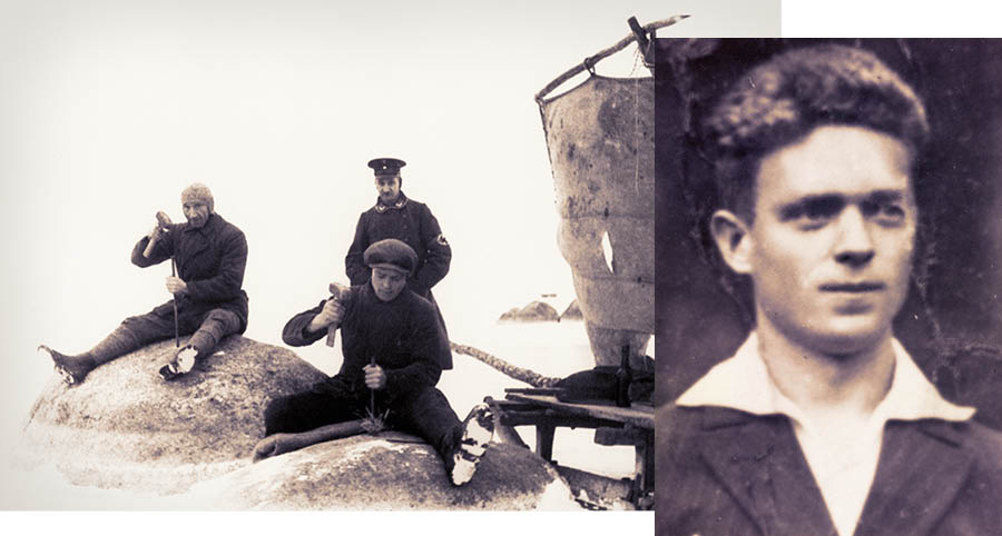 Kolaż: 1. Dwaj więźniowie obozu rozbijają kamień młotkiem i dłutem pod nadzorem nazistowskiego strażnika. 2. Heinz Bernecker.