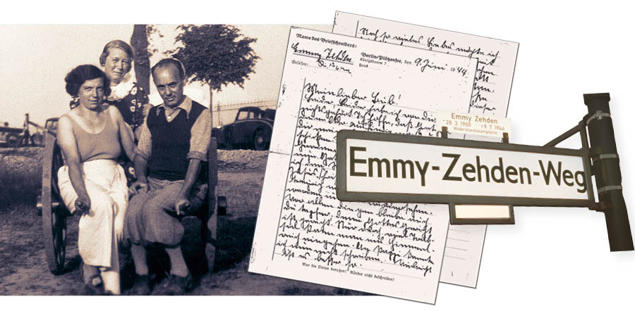Kolaż: 1. Emmy Zehden w plenerze na zdjęciu grupowym. 2. List pożegnalny Emmy do siostrzeńca i przybranego syna, Horsta. 3. Ulica nazwana jej imieniem.