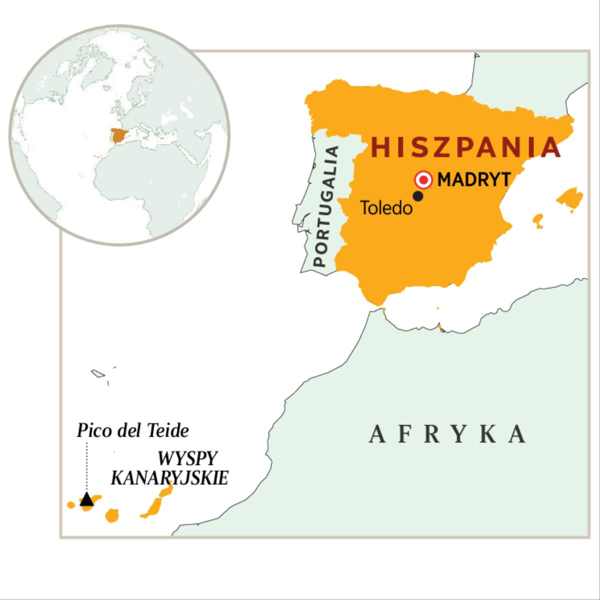 Mapa z zaznaczoną Hiszpanią