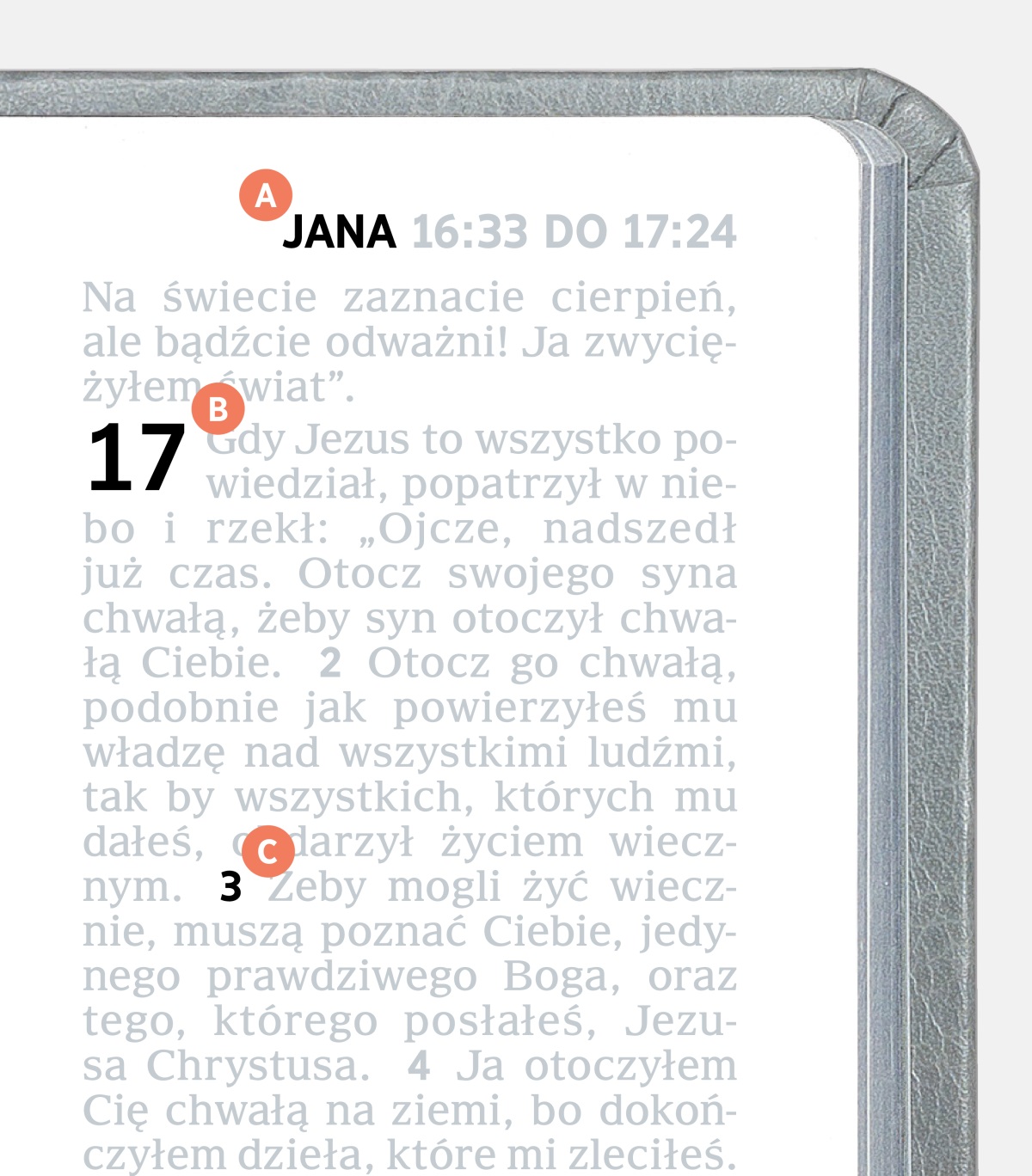 Litery A, B i C wskazujące na odpowiednie elementy na stronie Biblii.