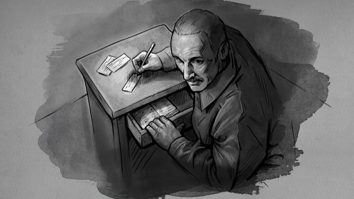 Virgilijus pisze na małych kawałkach papieru przy biurku w celi. Ogląda się przez ramię. W szufladzie biurka ukryta jest Biblia