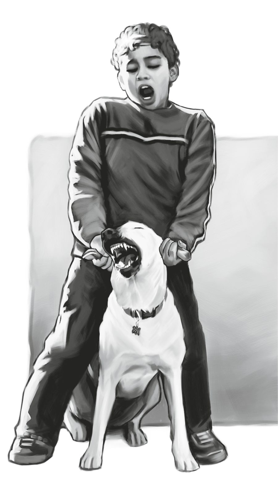 Chłopiec drażni psa, łapiąc go za uszy