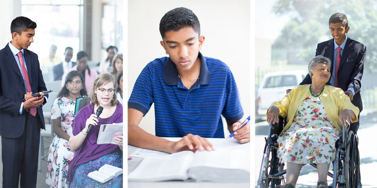 Młody brat podaje mikrofon w trakcie zebrania, prowadzi studium osobiste i pomaga starszej siostrze na wózku inwalidzkim