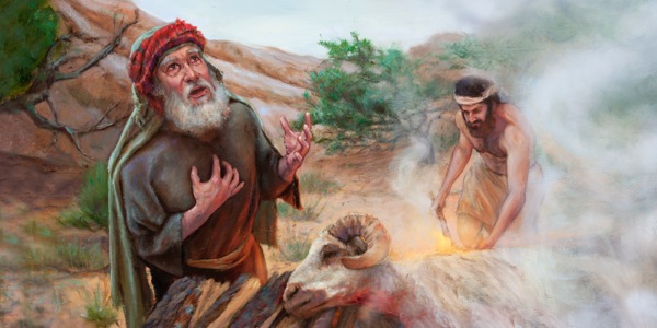 Abraham i Izaak składają w ofierze barana dostarczonego przez Jehowę