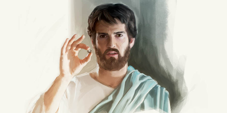 Jezus trzyma w ręce denara.