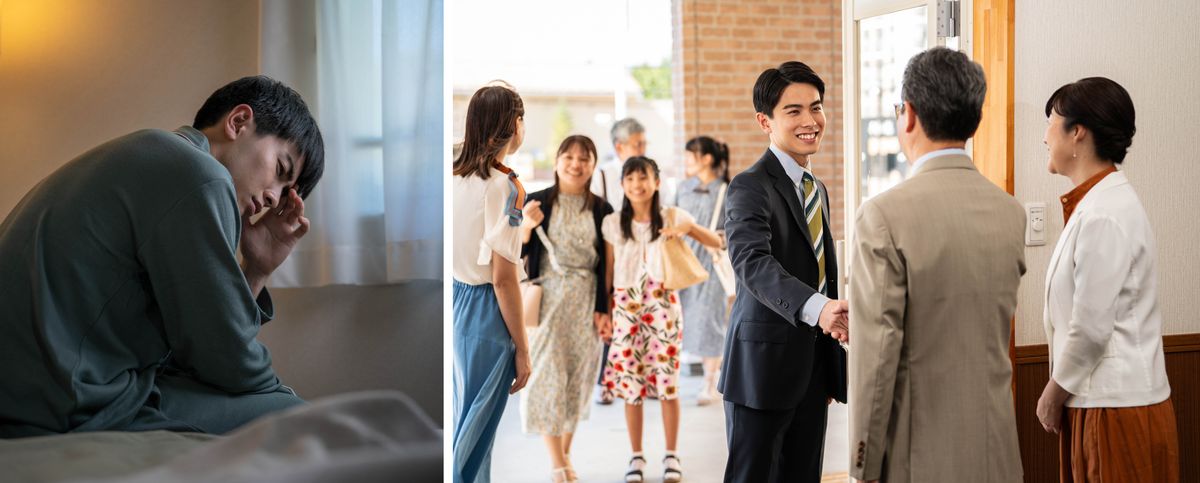 Kolaż: 1. Zniechęcony brat siedzi na łóżku. 2. Później ten sam brat uśmiecha się, gdy na zebraniu wita go małżeństwo.