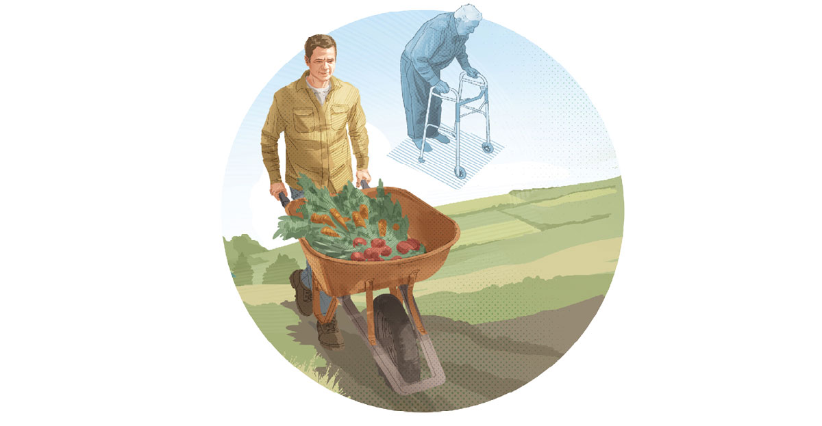 یو سړی چې زوړ وُ بېرته ځوان شوی دی او یوه کراچي چې د ترکاریو سره ډکه ده،‏ ټېله کوي.‏