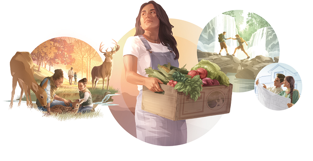 ځینې رسمونه ښیي چې څنګه خلک د تل ژوند څخه په جنت کې خوند اخلي.‏ ۱.‏ یو سړی د خپلې ښځې سره چکر وهي چېرته چې جوړوبی دی.‏ ۲.‏ یو مېړه د خپلې ښځې سره د کور د جوړولو نکشه ګوري.‏ ۳.‏ یوه ښځه د تازې ترکاریو سره قطۍ نیسي.‏ ۴.‏ مور او لور د هوسي بچي ته خوشحالېږي.‏ پلار د زوی سره خبرې کوي.‏