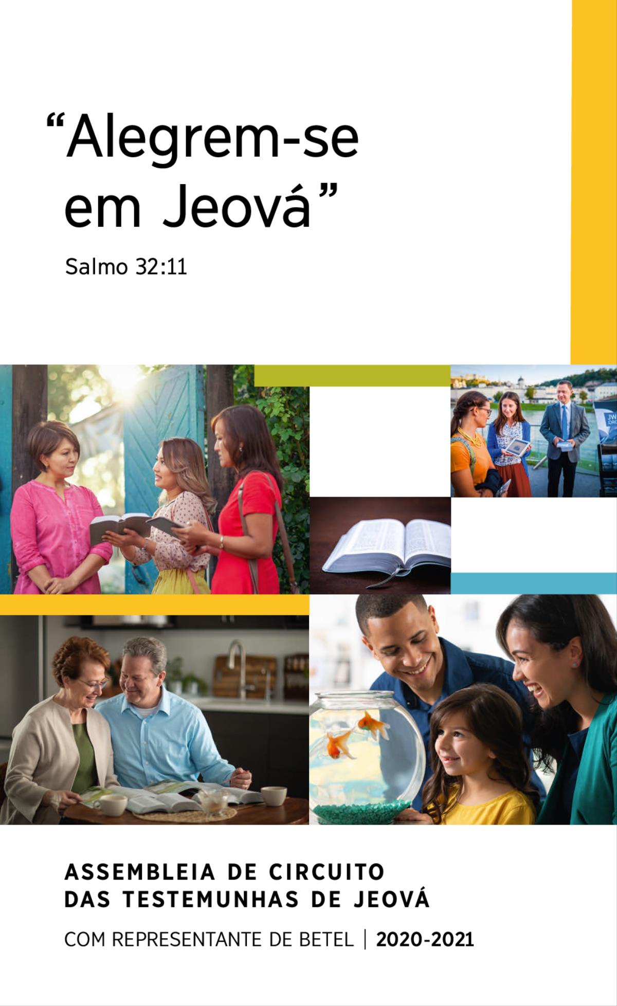 Colagem: 1. Uma família feliz observa peixes-dourados em um aquário. 2. Duas Testemunhas de Jeová consideram um versículo da Bíblia com uma mulher na casa dela. 3. Um casal estuda a Bíblia com a ajuda de publicações baseadas na Bíblia. 4. Uma Bíblia aberta. 5. Um casal mostra um vídeo baseado na Bíblia a uma mulher em uma calçada pública.