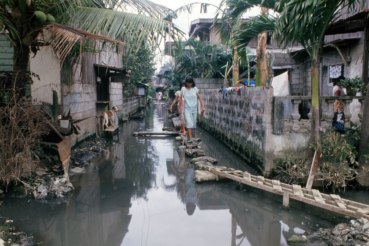 Duas irmãs na pregação andando em cima de tábuas em um bairro que está inundado.