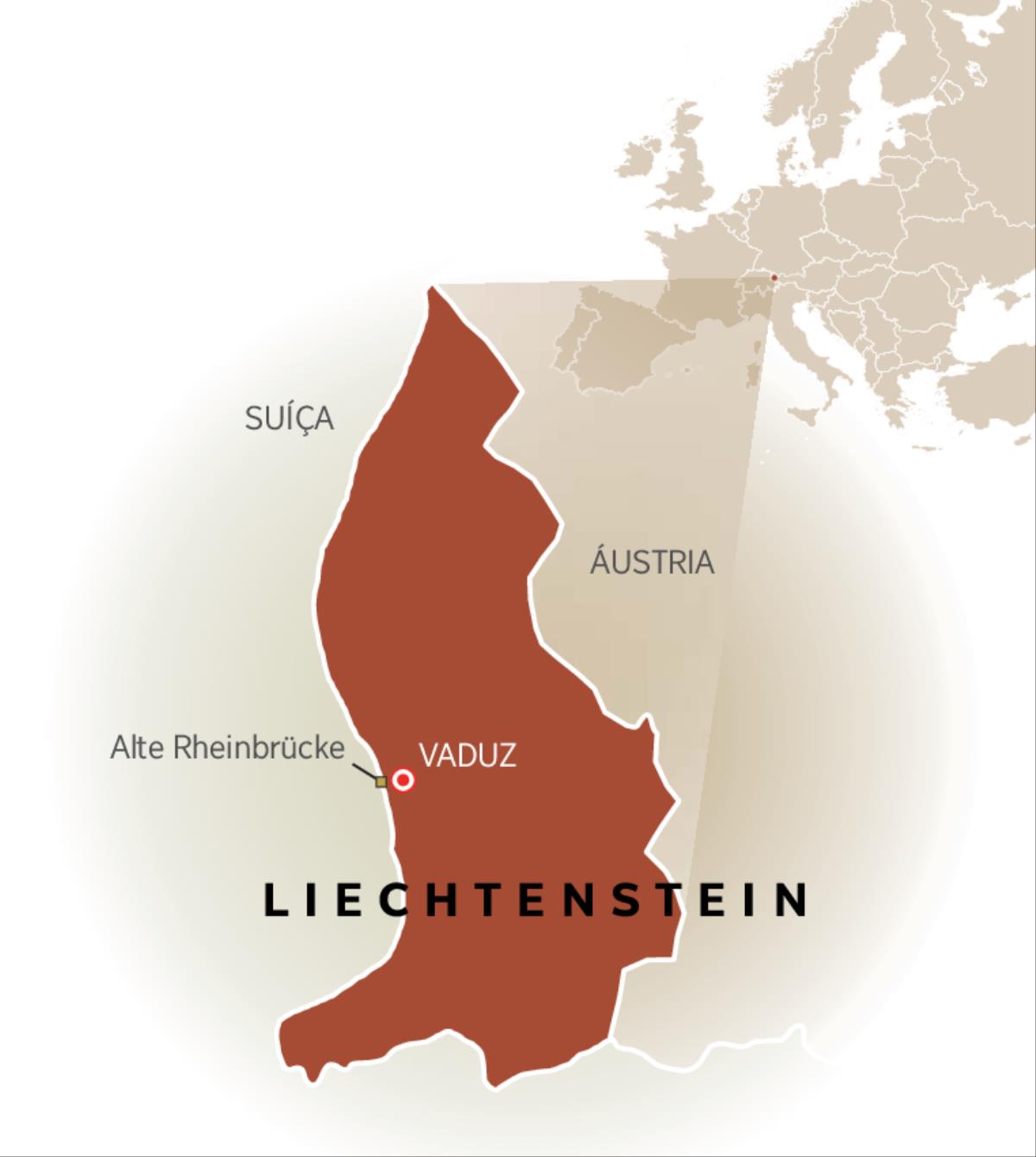 Um mapa de Liechtenstein mostrando as fronteiras com a Suíça e a Áustria