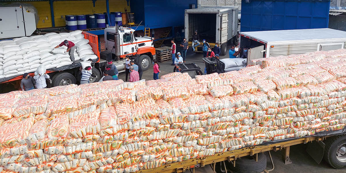 Irmãos e irmãs descarregando caminhões cheios de alimentos.