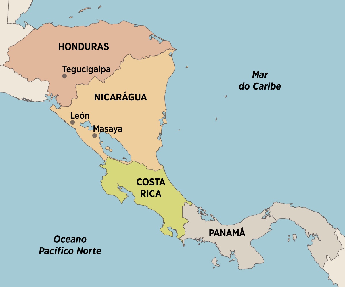 Um mapa da América Central mostrando onde Elfriede morou e pregou: Tegucigalpa, Honduras; León e Masaya, Nicarágua; Costa Rica; e Panamá.