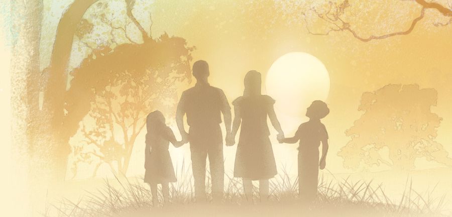 Uma família observa o pôr do sol