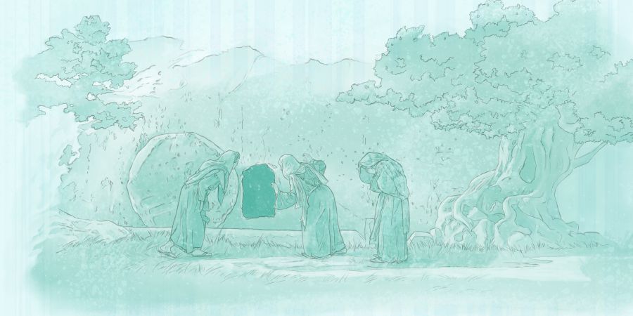 Algumas mulheres olham o túmulo vazio de Jesus