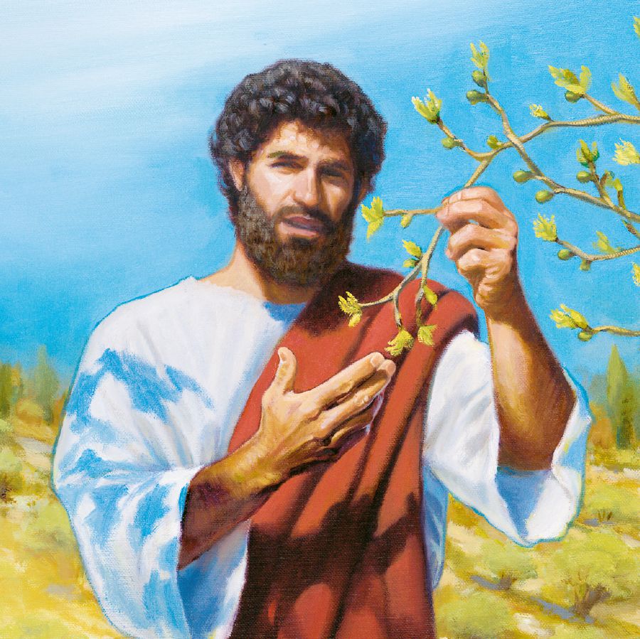 Jesus segura um ramo de figueira