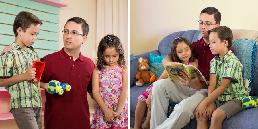 Um pai lê para seus filhos o livro Aprenda do Grande Instrutor