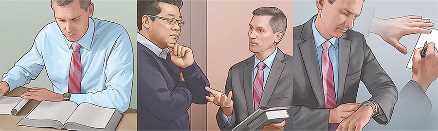 Um irmão prepara sua apresentação, fala com um morador e depois anota as informações para a revisita