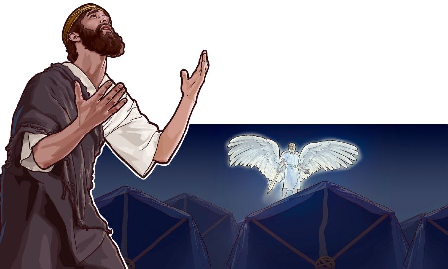 Ezequias fazendo oração e um anjo segurando uma espada