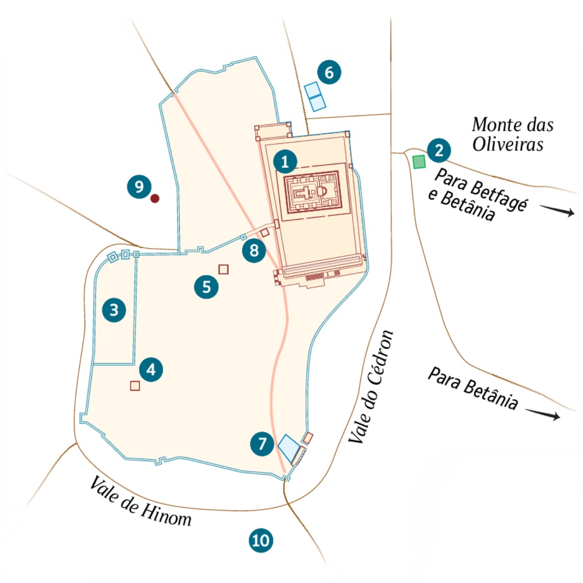 Mapa de Jerusalém e proximidades. Lista de localizações possíveis ou confirmadas. 1. Templo. 2. Jardim de Getsêmani. 3. Palácio do governador. 4. Casa de Caifás. 5. Palácio usado por Herodes Antipas. 6. Reservatório de Betezata. 7. Reservatório de Siloé. 8. Sinédrio. 9. Gólgota. 10. Acéldama.