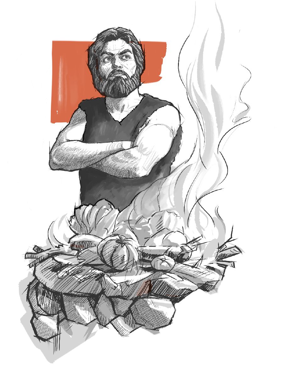 Caim, com os braços cruzados, em pé diante de um altar oferecendo sua oferta