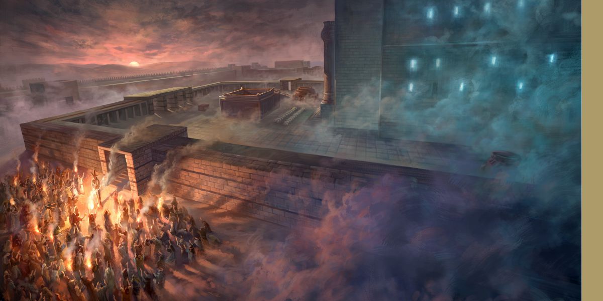 Na escuridão, judeus apóstatas adorando uma imagem idólatra no portão norte do templo em Jerusalém