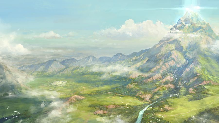 Vista aérea de um pedaço de terra chamado “a contribuição inteira” e da cidade chamada “Jeová Está Ali”. O templo da visão de Ezequiel brilhando com a glória de Jeová no topo de um monte alto que tem um rio saindo dele.