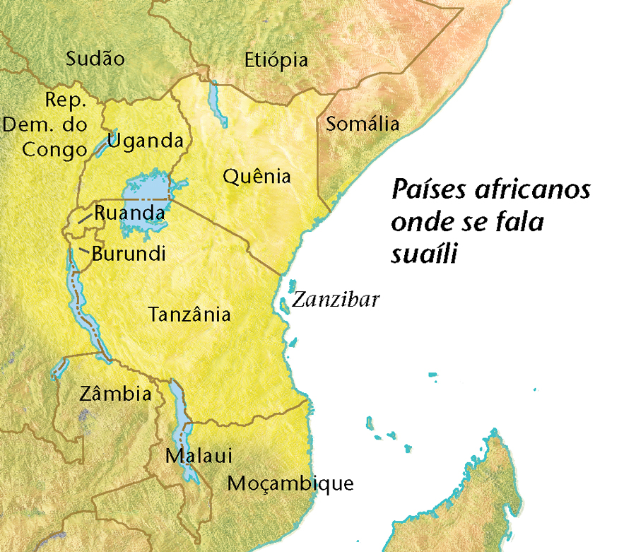 Um mapa de países africanos onde o suaíli é falado
