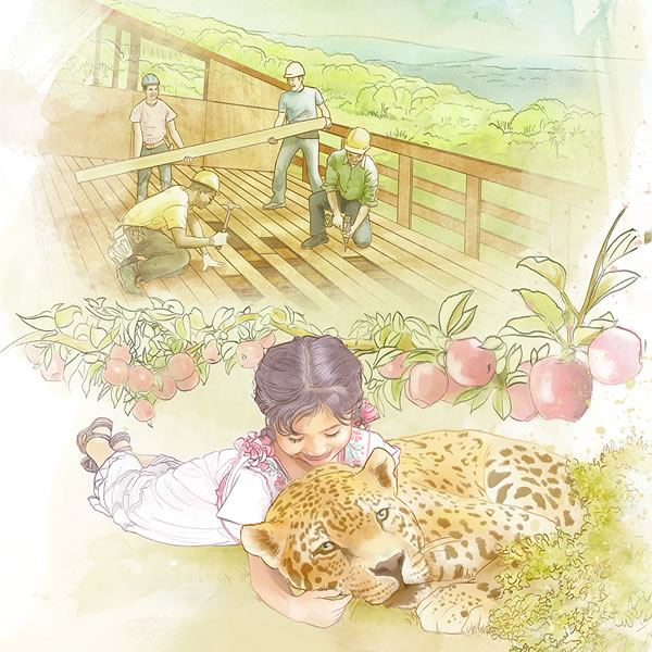 1. Construindo casas no paraíso; 2. Uma menina brincando com um leopardo