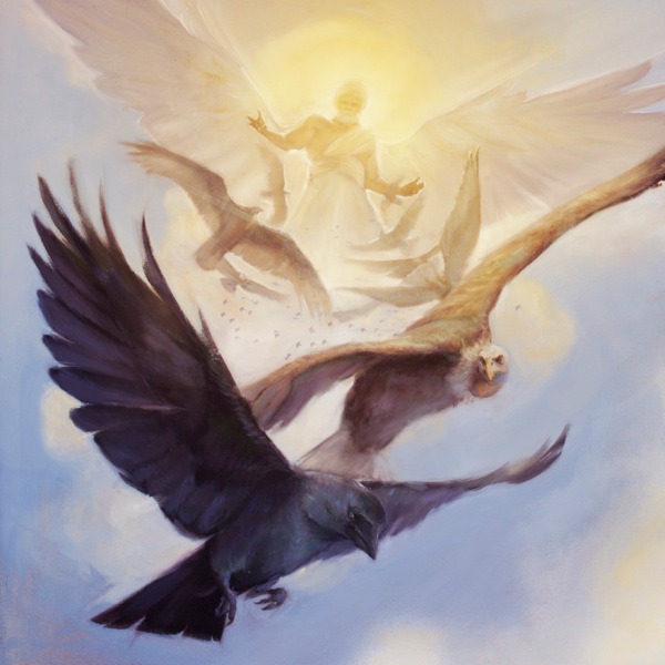 Um anjo em pé no sol, e aves voando no céu