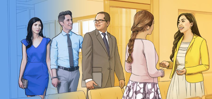Um casal entrando no Salão do Reino usando roupas que não são modestas