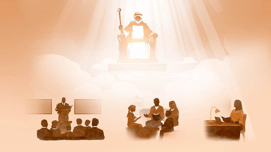 Jesus está sentado em seu trono no céu, iluminado por raios de luz da glória de Jeová. Abaixo de Jesus, há cenas de uma reunião de congregação, de uma adoração em família e de uma irmã estudando a Bíblia sozinha. As cenas se repetem no parágrafo 8 e nos parágrafos 11 a 14.
