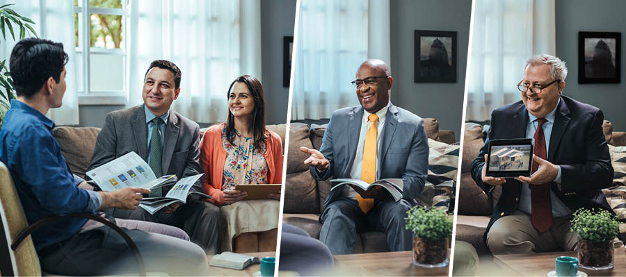 Conjunto de imagens: O instrutor leva publicadores diferentes para acompanhar o estudo. 1. Sua esposa. 2. Outro irmão, que comenta algo com o estudante. 3. Um irmão mais velho, que mostra um vídeo para o estudante.