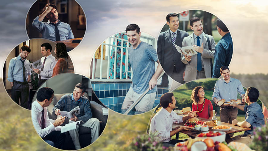 Conjunto de imagens: Certo homem se torna um discípulo. 1. O homem está sentado em casa depois de um dia de trabalho muito cansativo. 2. Um casal prega para o homem à noitinha. 3. O homem estuda a Bíblia com o irmão que pregou inicialmente para ele. 4. O homem se batiza. 5. O irmão recém-batizado prega para outro homem. 6. O casal, o irmão e o homem, juntos e felizes, tomam uma refeição no Paraíso.