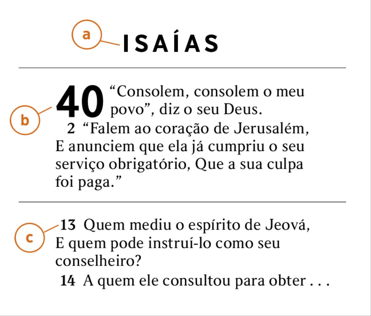Exemplo de um trecho da Bíblia que mostra como identificar a) o livro, b) o capítulo e c) o versículo