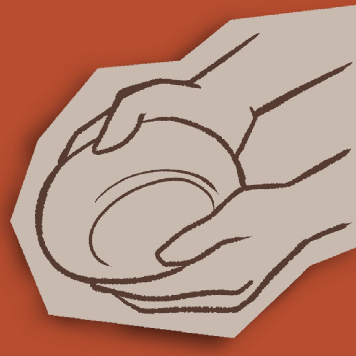 Um desenho pequeno de duas mãos segurando um prato vazio.