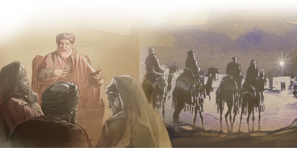 O Rei Herodes pergunta sobre o Cristo. Astrólogos do Oriente seguem uma estrela