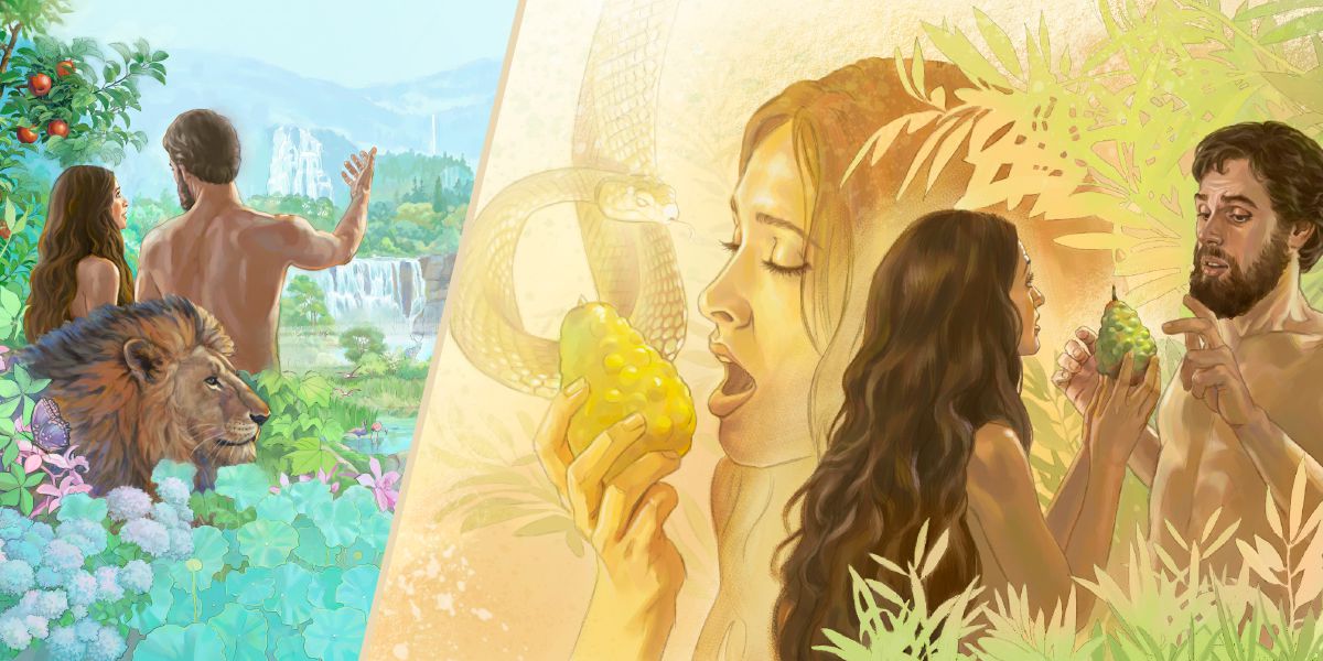 Desenho mostrando Adão e Eva no jardim do Éden; uma cobra falando com Eva e Eva comendo a fruta proibida e dando a fruta para Adão comer