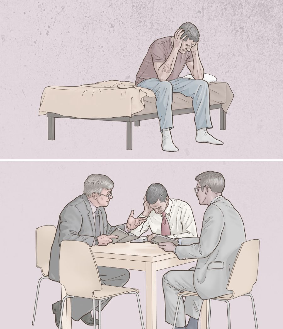 Desenho de um irmão triste sentado na cama lembrando de erros do passado, mas depois conversando com dois anciãos