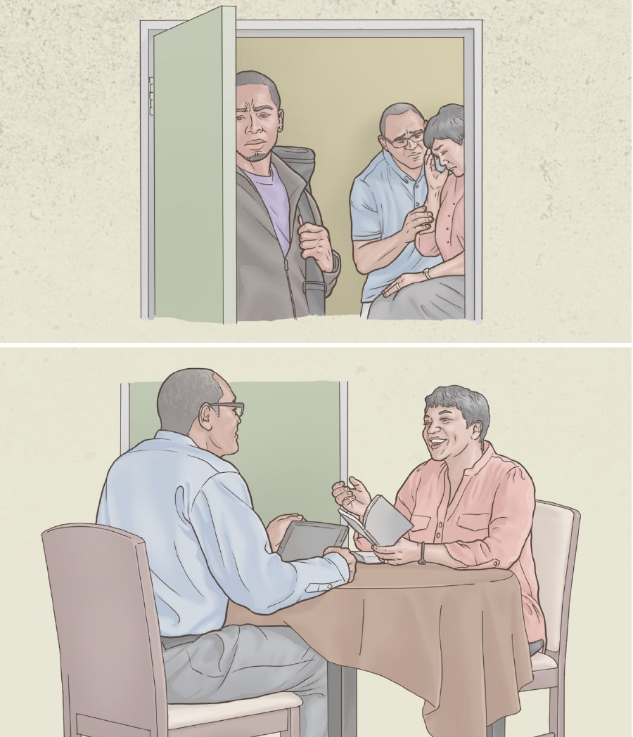 Desenho de um pai e uma mãe chorando, vendo seu filho ir embora de casa porque não quer mais servir a Jeová, mas depois continuam fazendo a Adoração em Família alegres, mesmo sem o filho