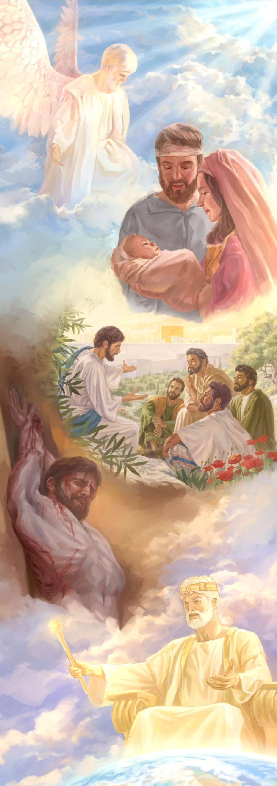 Desenho mostrando as várias designações que Jesus teve: ajudar a criar as coisas, vir para a Terra, ensinar os discípulos, dar a vida para salvar outros e ser o Rei do Reino de Deus