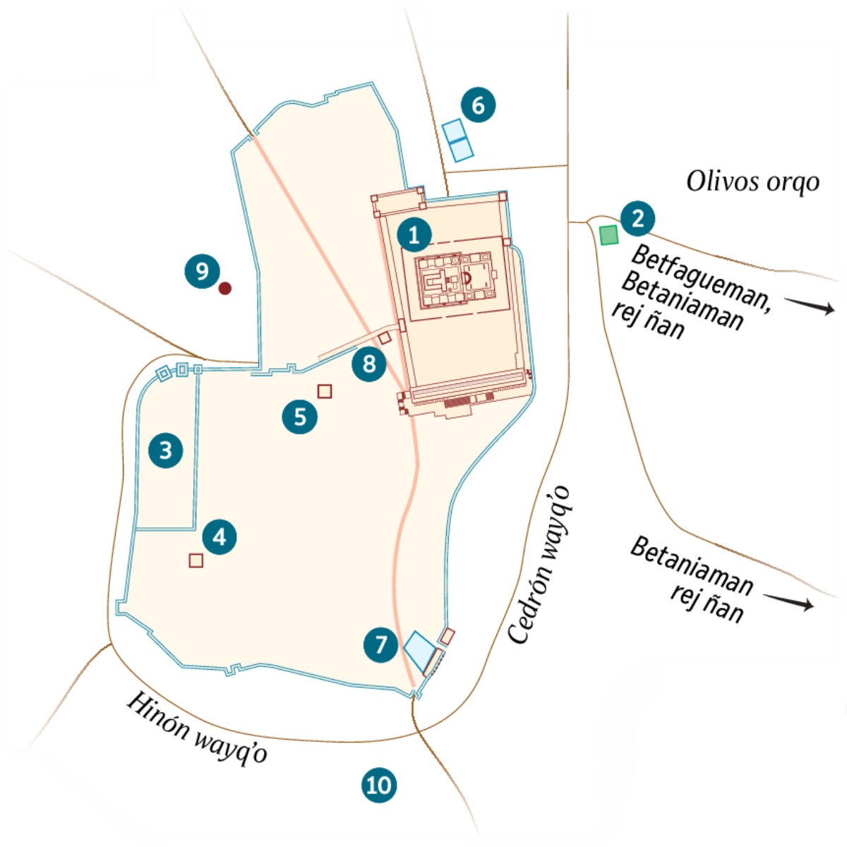 Jerusalenmanta, muyuyninpi kaj lugaresmantawan mapa. Kaypi willakushan wakin lugarespa sutisnin, chaykunamanta wakenqa mana yachakunchu chaypipunichus manachus kasqankuta. 1) Templo. 2) Getsemaní huerta. 3) Kamachejpa kamachina wasin. 4) Caifaspa wasin. 5) Herodes Antipaspa kamachina wasin. 6) Betzata estanque. 7) Siloam estanque. 8) Jatun Juntaj salan. 9) Gólgota. 10) Akéldama.