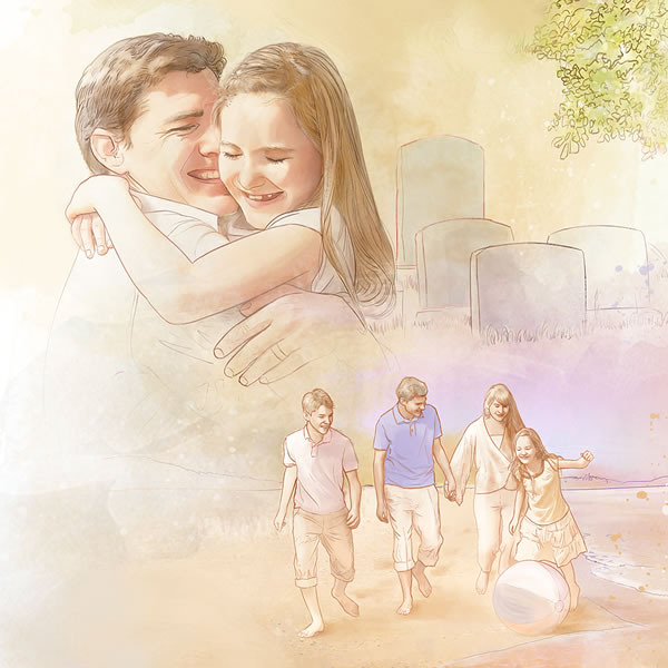 1. A father hugging his resurrected daughter; 2. A family playing at the beach