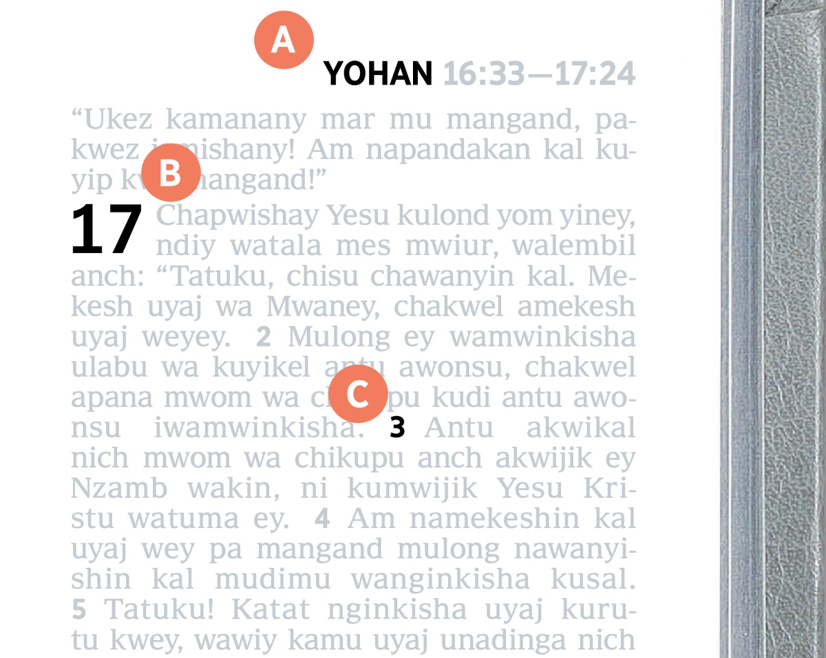 Yijingidij yimekeshina yom yidia pa A, B, ni C pa paj wa Bibil.